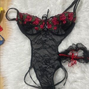 Victoria's Secret Black Lace Bodysuit with Red Floral Accents